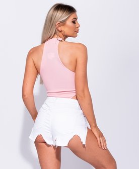 Rib Knit High Neck Extreme High Leg Bodysuit in Roze