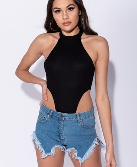 Rib Knit High Neck Extreme High Leg Bodysuit in Zwart