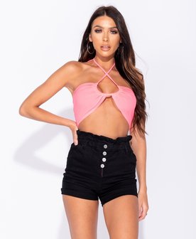 Ruching Tie Detail Bustier Bandeau Crop Top in Roze