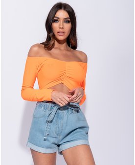 Ruching Detail Long Sleeve Bardot Crop Top in Oranje