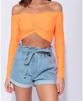 Ruching Detail Long Sleeve Bardot Crop Top in Oranje