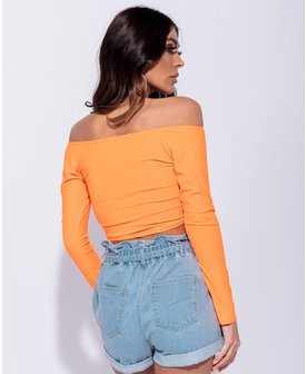 Ruching Detail Long Sleeve Bardot Crop Top in Oranje