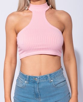 Rib Knit High Neck Cutaway Front Crop Top in Roze