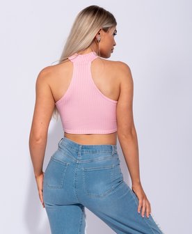 Rib Knit High Neck Cutaway Front Crop Top in Roze