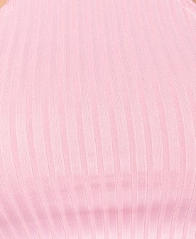 Rib Knit High Neck Cutaway Front Crop Top in Roze