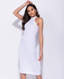 Rib Knit High Neck Bodycon Midi Dress in Wit