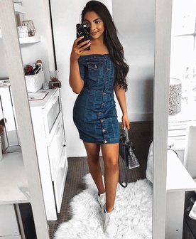 Denim Bardot Button Up Bodycon Dress