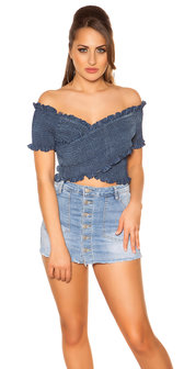 Trendy Off Shoulder Shirt met Gathering in Blauw