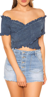 Trendy Off Shoulder Shirt met Gathering in Blauw