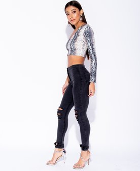 Snake Print One Shoulder Long Sleeve Crop Top