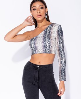 Snake Print One Shoulder Long Sleeve Crop Top