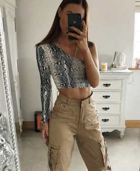 Snake Print One Shoulder Long Sleeve Crop Top