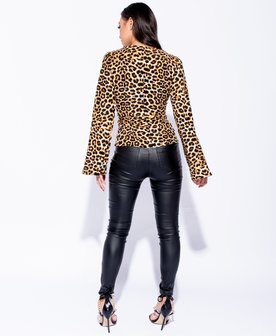 Leopard Print Flare Sleeve Tie Front Top