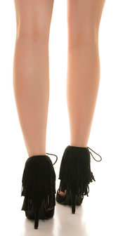 Sexy High Heel Open Suede Look met Fringes in Zwart