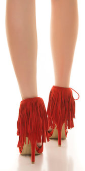 Sexy High Heel Open Suede Look met Fringes in Rood