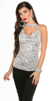 Sexy Neck Party Top met Sequins en Rhinestones in Grijs