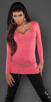 Sexy Koucla long sweater met studs en kant in coral