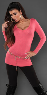 Sexy Koucla long sweater met studs en kant in coral