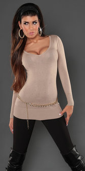 Sexy Koucla long sweater met studs en kant in beige