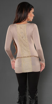 Sexy Koucla long sweater met studs en kant in beige