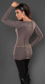 Sexy Koucla long sweater met studs en kant in cappuccino