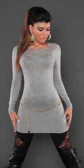 Sexy KouCla Longsweater met Kant en Rhinestones in Grijs