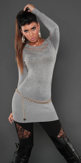 Sexy KouCla Longsweater met Kant en Rhinestones in Grijs