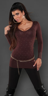 Sexy Koucla long sweater met studs en kant in bruin