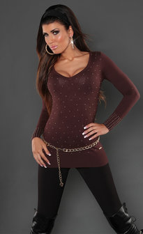 Sexy Koucla long sweater met studs en kant in bruin