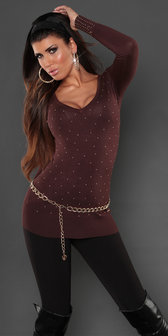 Sexy Koucla long sweater met studs en kant in bruin