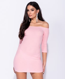 Bardot Rib Knit Bodycon Mini Dress in Roze