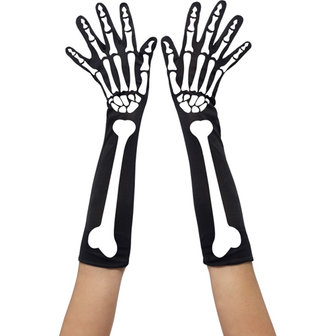 Lange Handschoenen Met Skeletprint - Zwart
