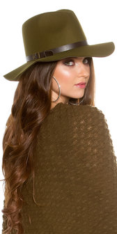 Trendy Fedora Felt Hoed met Leatherette Ribbon in Kaki