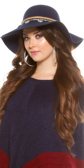 Trendy Fedora Hoed met Ethno Deko in Navy