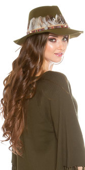 Trendy Fedora Hoed met Deco Feathers &amp; Elements in Kaki