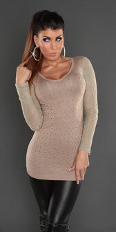 Sexy KouCla longsweater met Kant &amp; Rhinestones in Beige