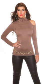 Sexy KouCla One Shoulder Turtlneck Shirt in Cappuccino