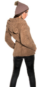 Trendy Knitted Muts met Fake Fur Pom Pon in Cappuccino
