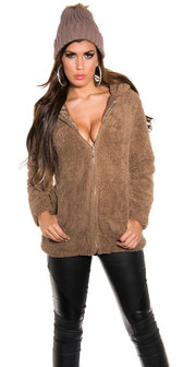 Trendy Knitted Muts met Fake Fur Pom Pon in Cappuccino