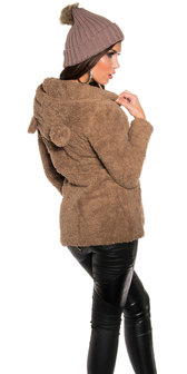 Trendy Knitted Muts met Fake Fur Pom Pon in Cappuccino