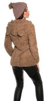 Trendy Knitted Muts met Fake Fur Pom Pon in Cappuccino