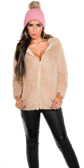 Trendy Knitted Muts met Fake Fur Pom Pon in Zalm