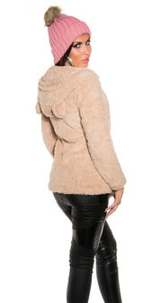 Trendy Knitted Muts met Fake Fur Pom Pon in Zalm