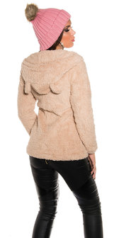 Trendy Knitted Muts met Fake Fur Pom Pon in Zalm