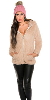 Trendy Knitted Muts met Fake Fur Pom Pon in Zalm