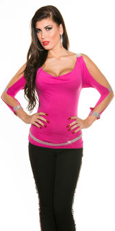 Sexy Longsleeve met Open sleeves en Rhinestones in Fuschia