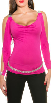 Sexy Longsleeve met Open sleeves en Rhinestones in Fuschia