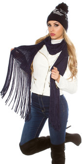 Trendy XL Knit Sjaal met fringe in Navy