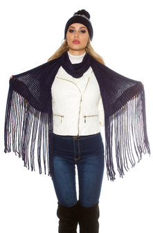 Trendy XL Knit Sjaal met fringe in Navy