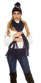 Trendy XL Knit Sjaal met fringe in Navy